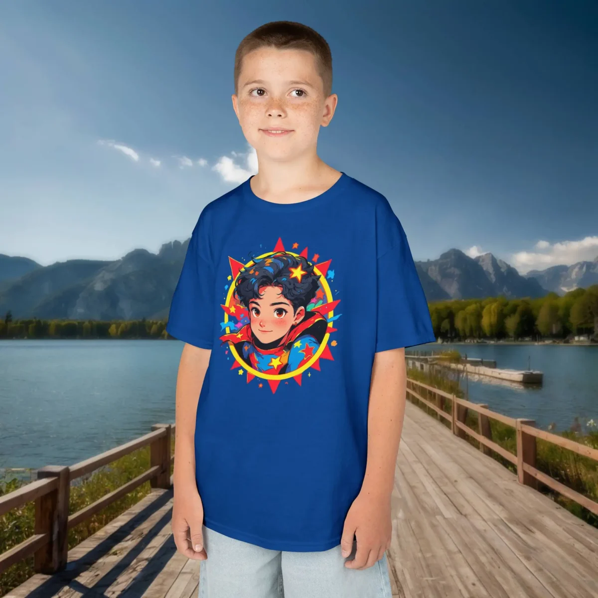 Boy wearing a royal blue kids t-shirt with a bright superhero boy cartoon graphic, surrounded by stars.