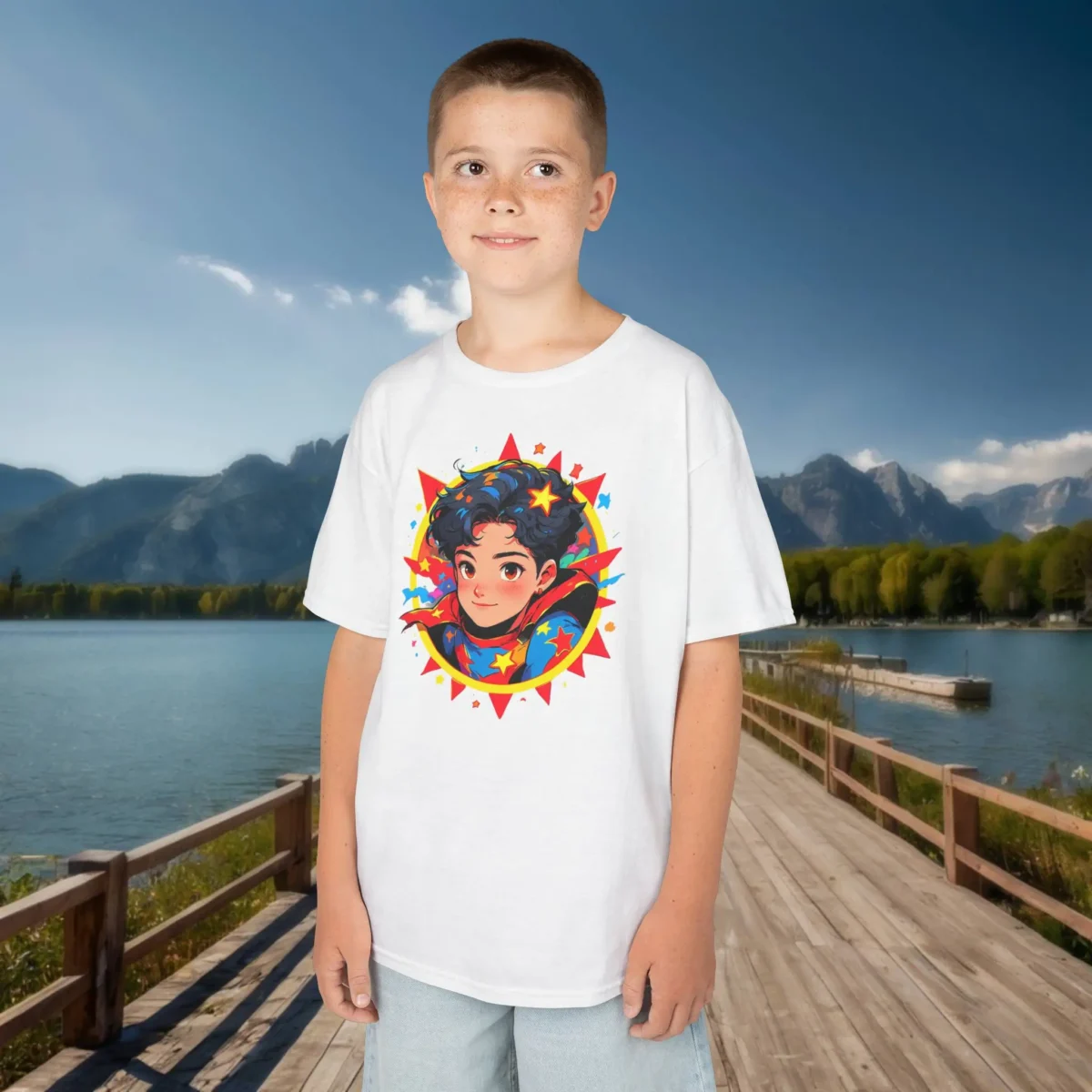 Boy wearing a white kids t-shirt with a colorful superhero boy illustration framed by stars.