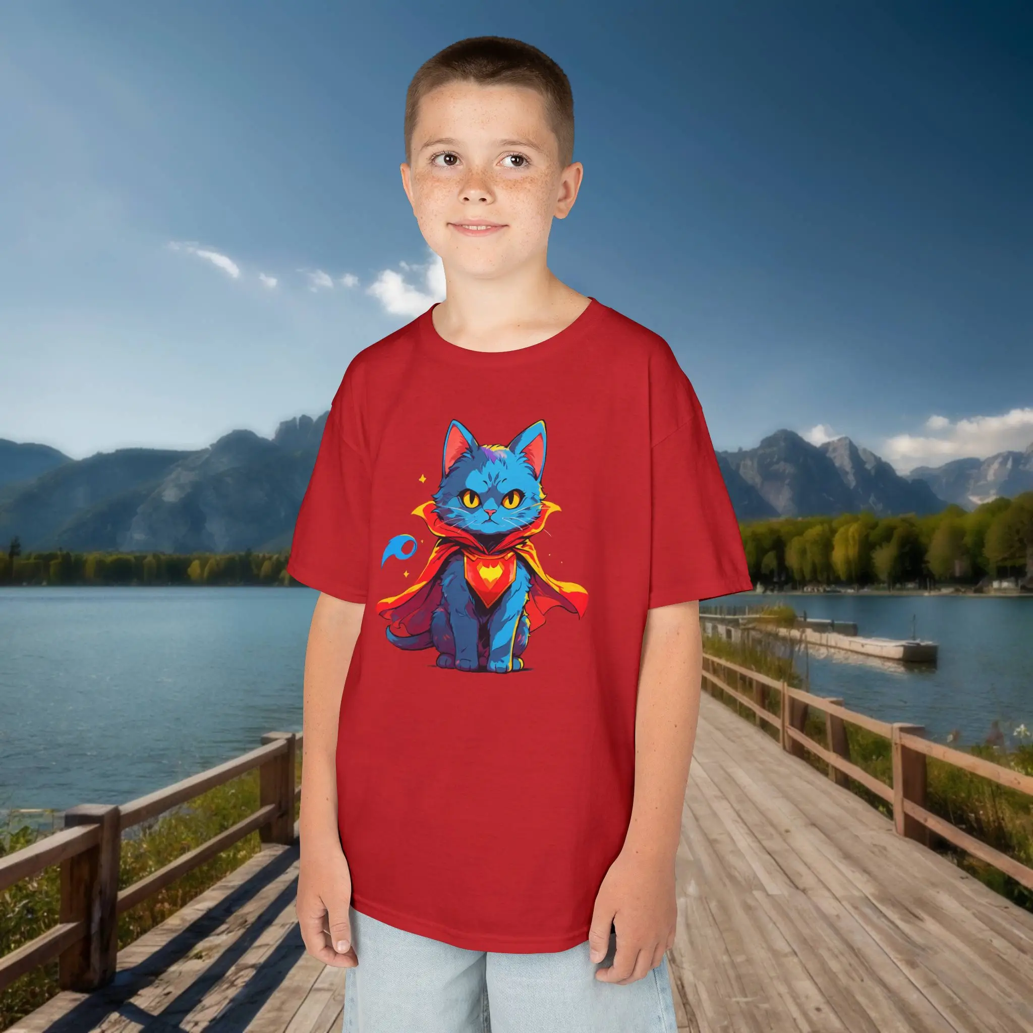 Red kids t-shirt with powerful blue superhero cat illustration – front view Boy wearing a red kids t-shirt with a blue cartoon superhero cat wearing a red cape and heart emblem.