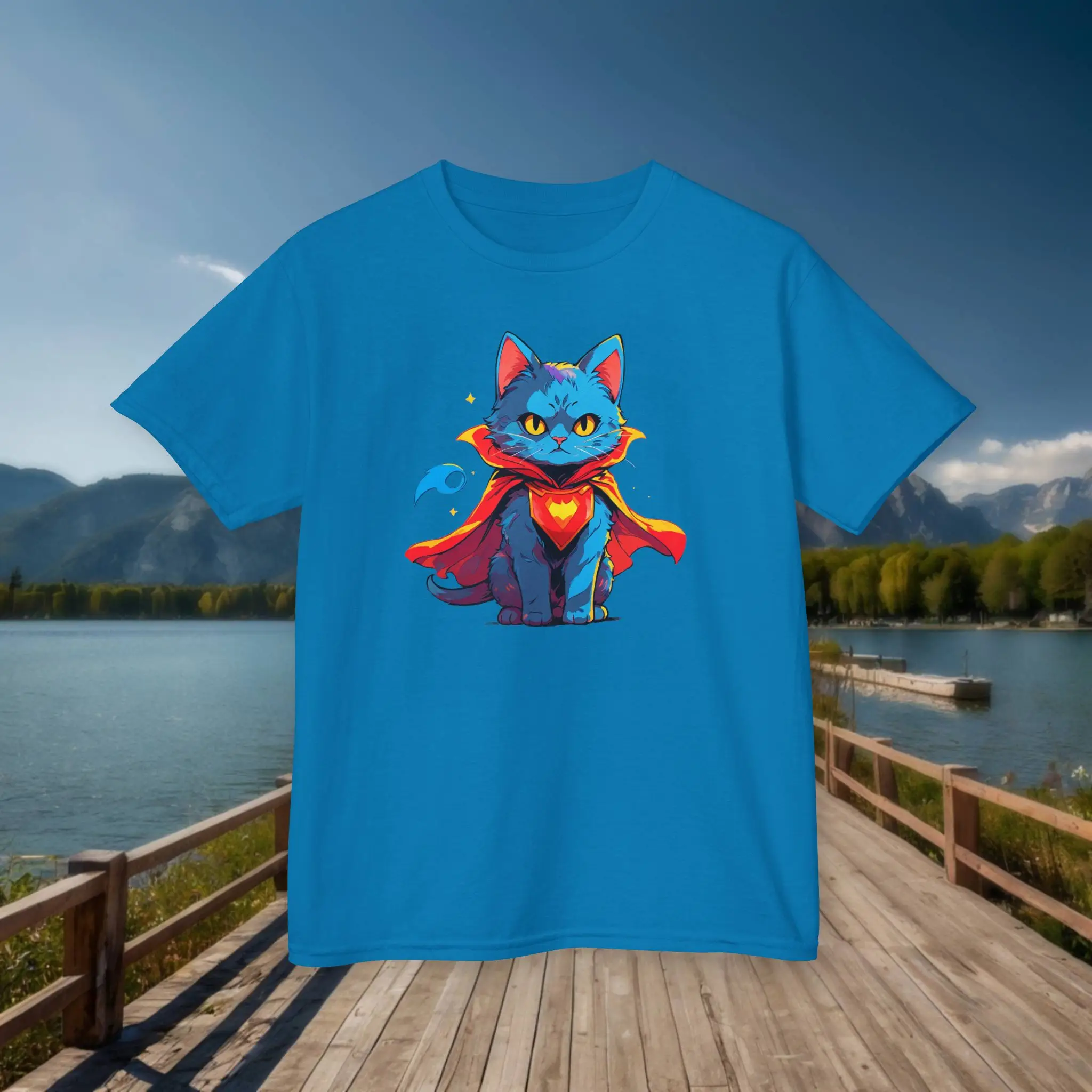 Sapphire blue kids t-shirt with superhero cat design – flat view Flat lay of a sapphire blue kids t-shirt with a bold cartoon superhero cat in a cape and heart emblem.