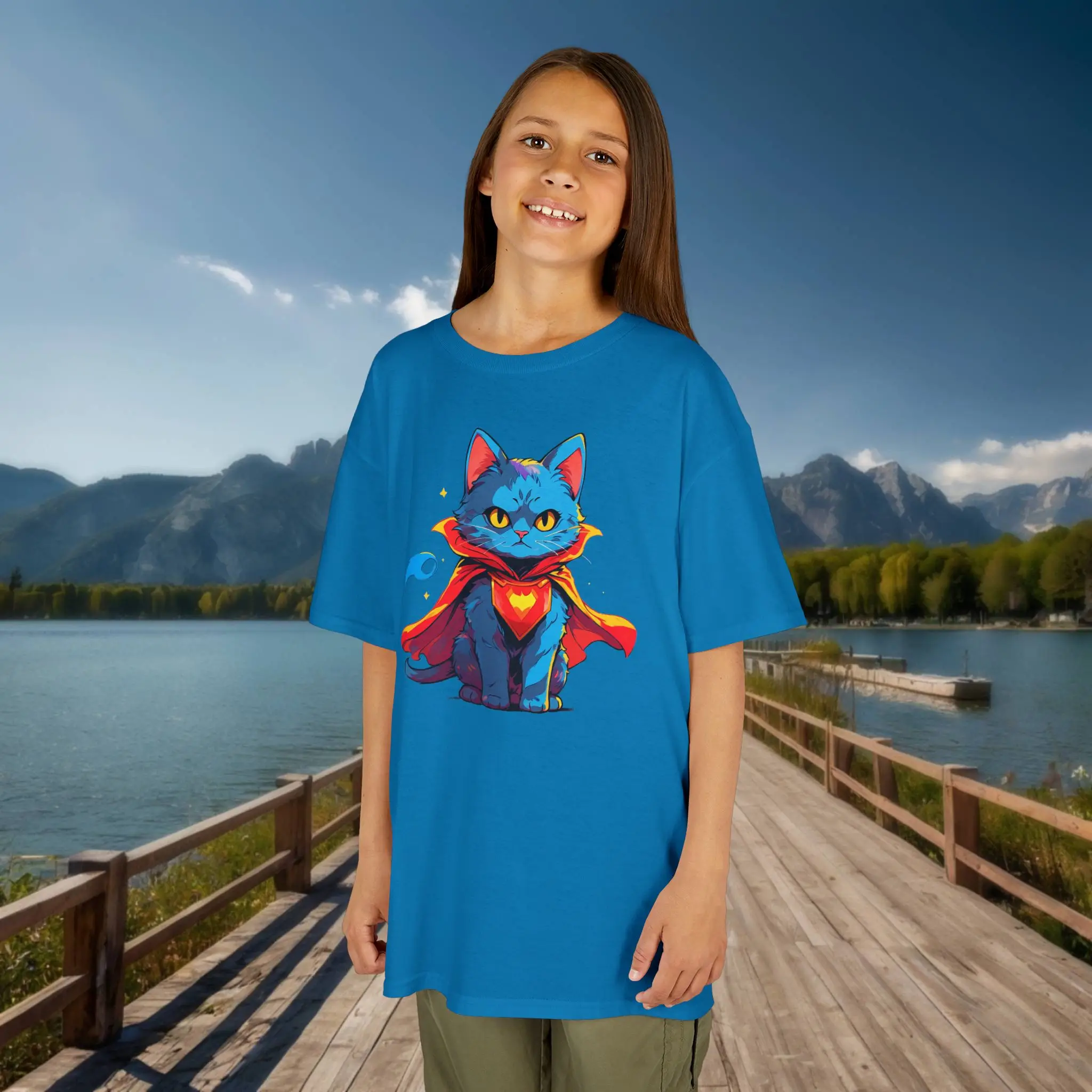 Sapphire blue kids t-shirt with brave superhero cat illustration – front view Girl wearing a sapphire blue kids t-shirt featuring a cartoon superhero cat with a red cape and glowing heart.