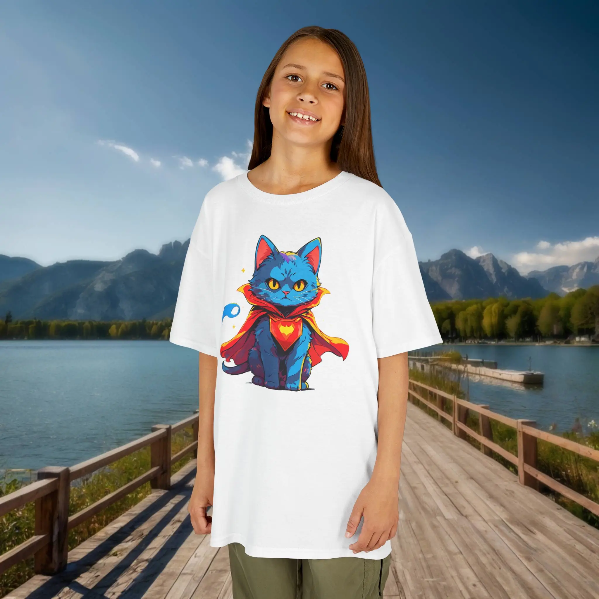 White kids t-shirt with superhero cat graphic – front view Girl wearing a white kids t-shirt with a cartoon superhero cat in a red cape and glowing heart emblem.
