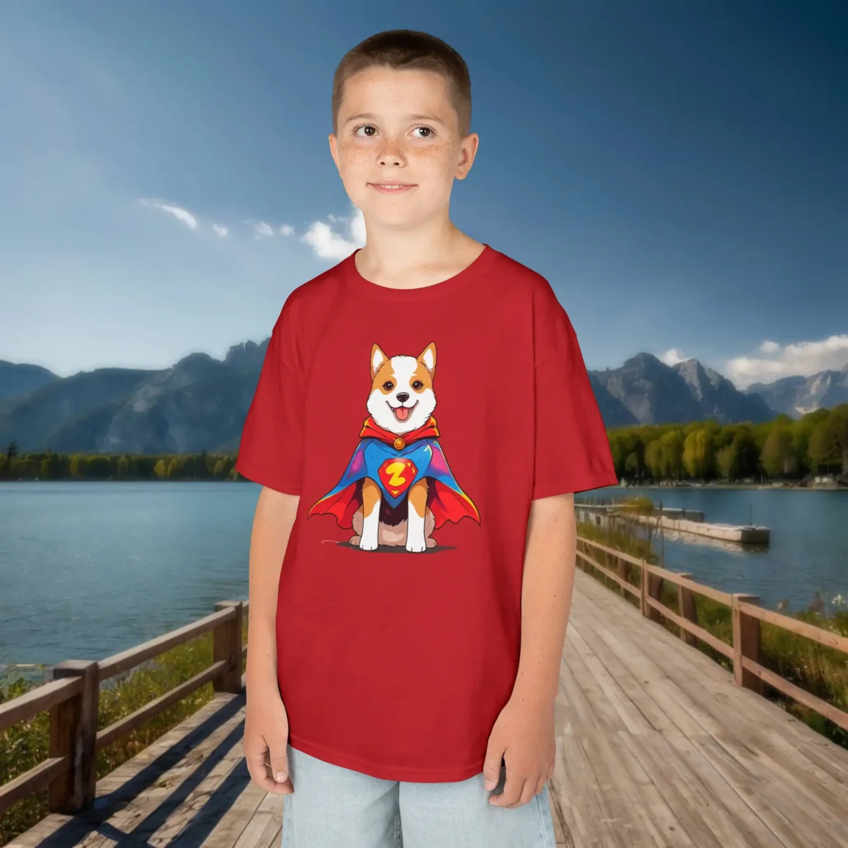 Boy wearing a red kids t-shirt with a smiling cartoon dog dressed as a superhero in cape and emblem.