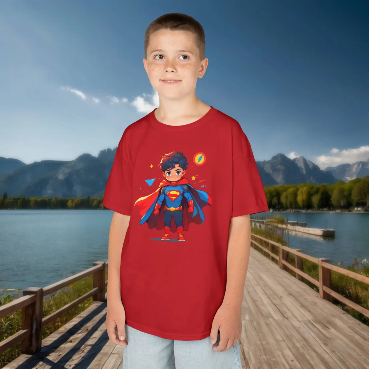 Child wearing red t-shirt with cartoon superhero character printed on it