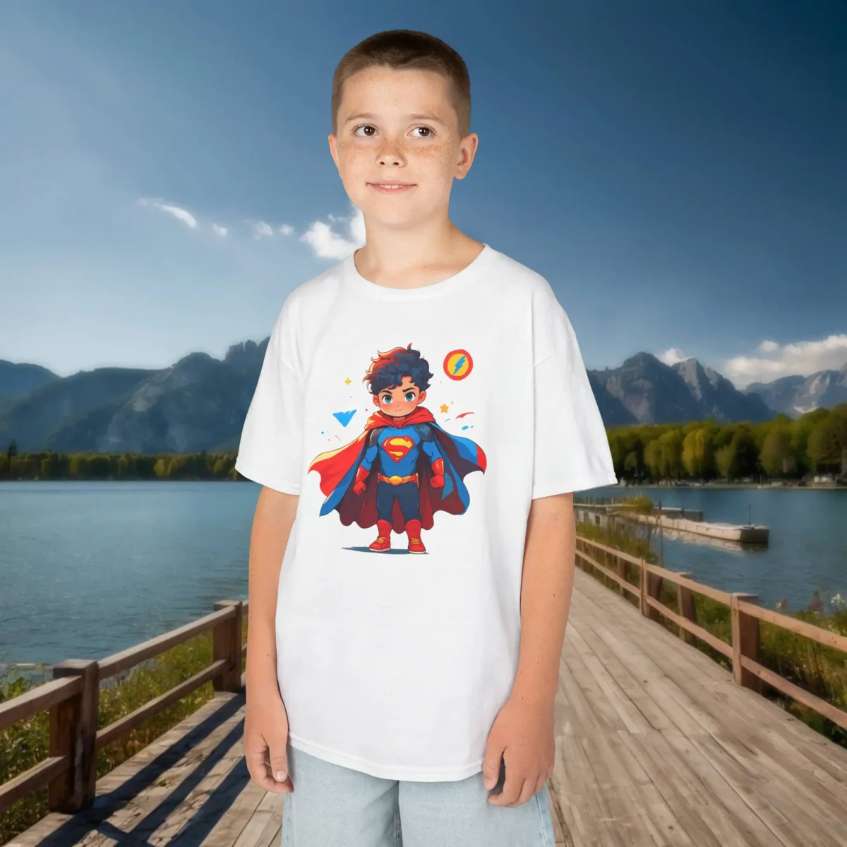 Boy in white t-shirt featuring a cartoon superhero illustration, standing on a wooden dock
