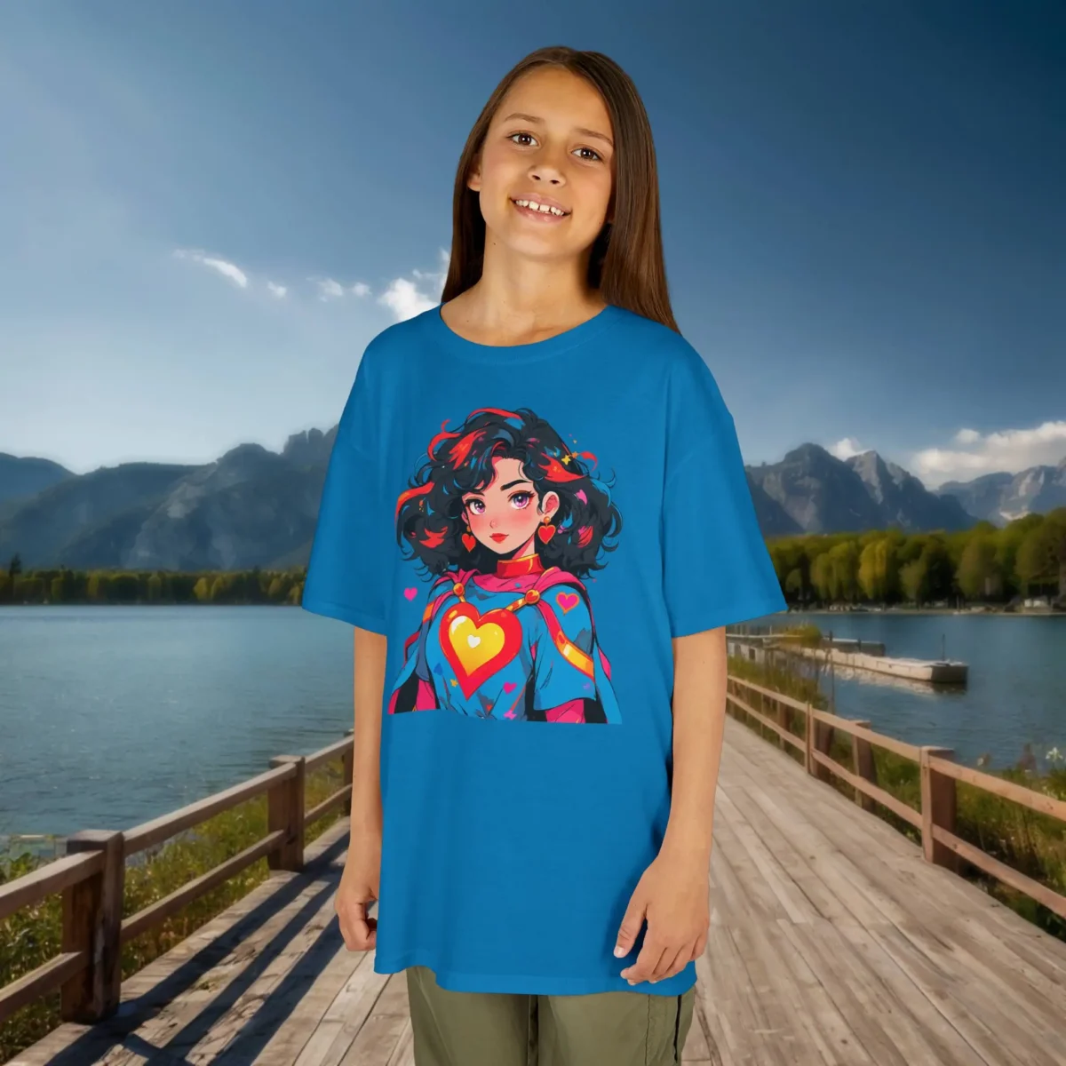 Smiling girl in blue superheroine t-shirt standing on a wooden dock with mountain view