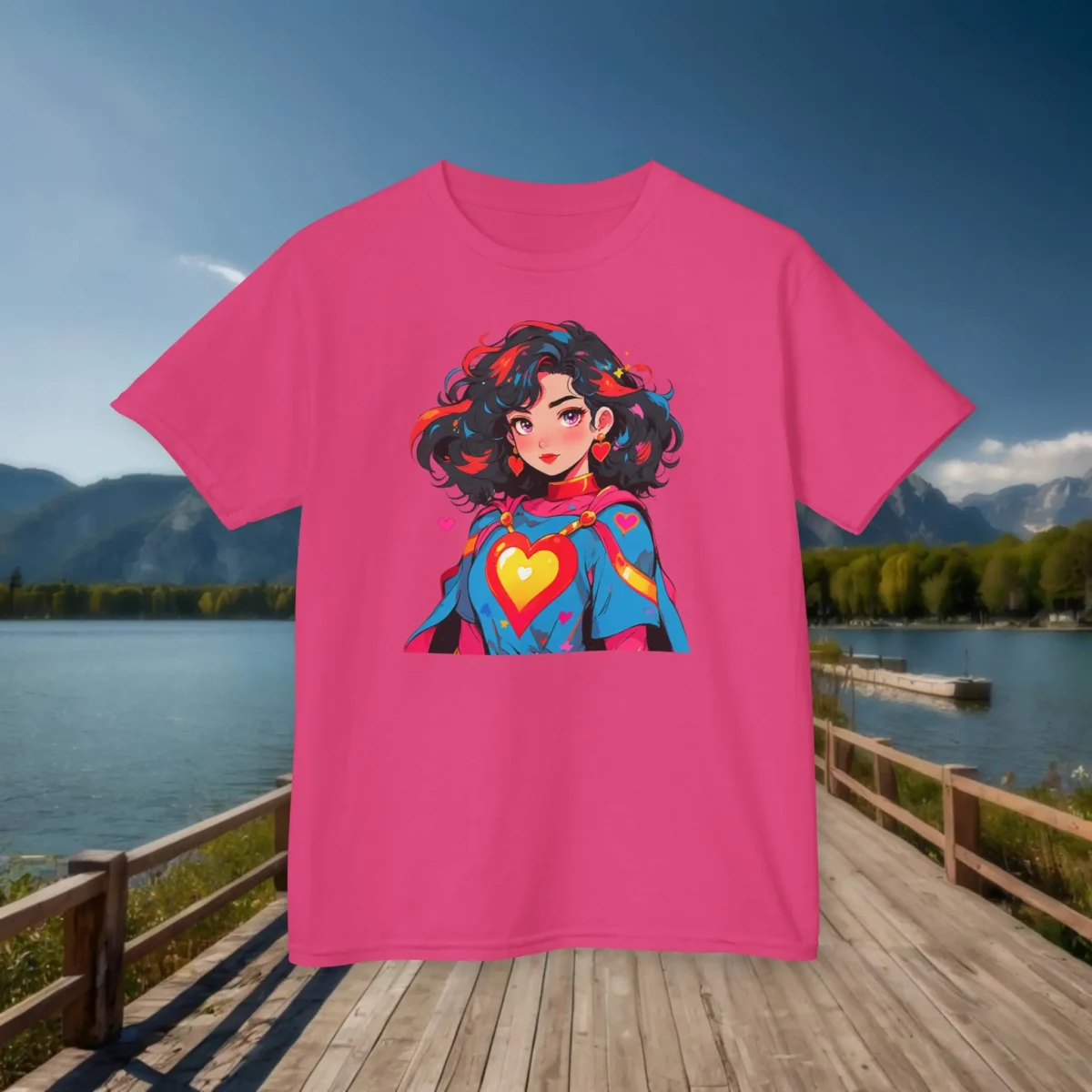 Flat lay of pink kids t-shirt with colorful cartoon superheroine design on a lakeside background