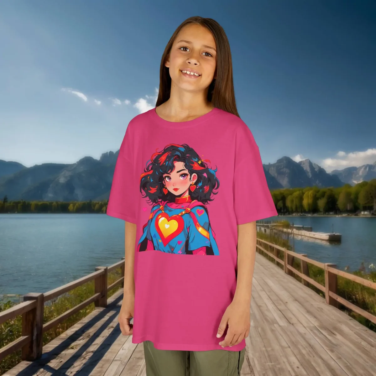 Girl in pink cartoon superheroine t-shirt with heart design, standing by the lake