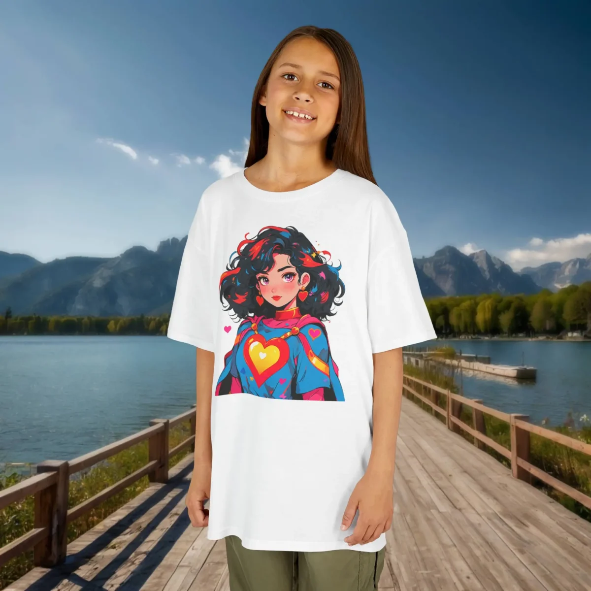 Girl wearing white t-shirt with a cartoon superheroine design outdoors