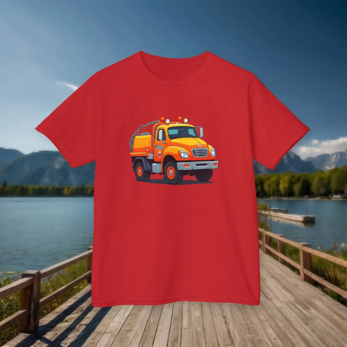 Flat lay of red kids t-shirt with colorful cartoon tow truck illustration