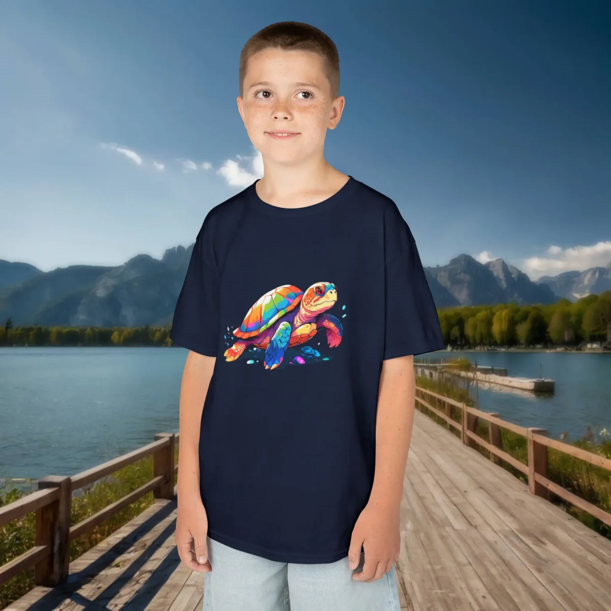 Boy wearing navy blue t-shirt with bright and colorful sea turtle design