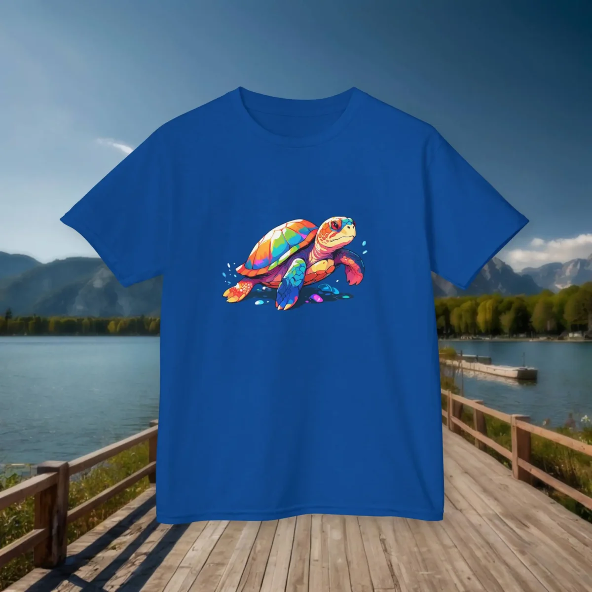 Flat lay of royal blue kids t-shirt with colorful cartoon sea turtle design