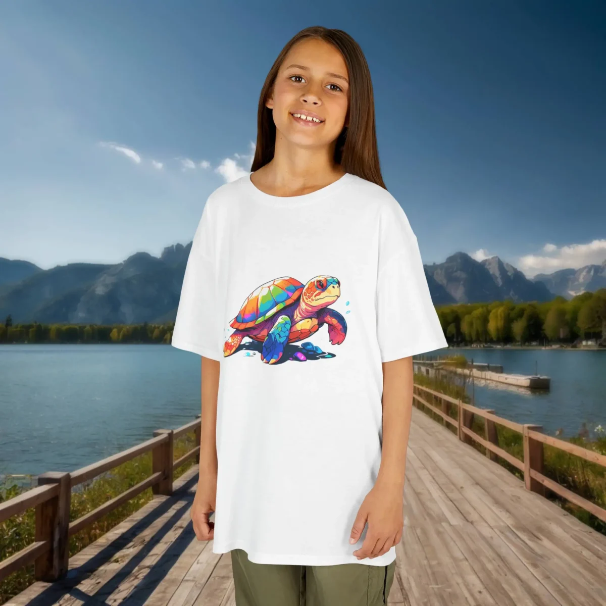 Smiling girl in white t-shirt with colorful cartoon sea turtle design