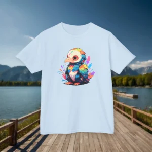 Sky blue kids' t-shirt featuring a colorful cartoon baby Microraptor with rainbow feathers, displayed on a boardwalk by a lake.