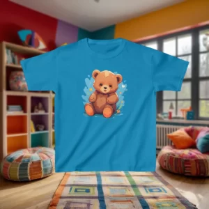 Kids heavy cotton tee with a baby bear design displayed in a colorful children's room with cozy decor.