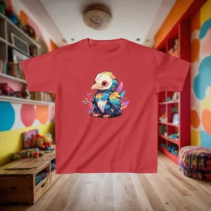 Kids heavy cotton tee with a colorful baby microraptor design displayed in a lively and vibrant children's room.