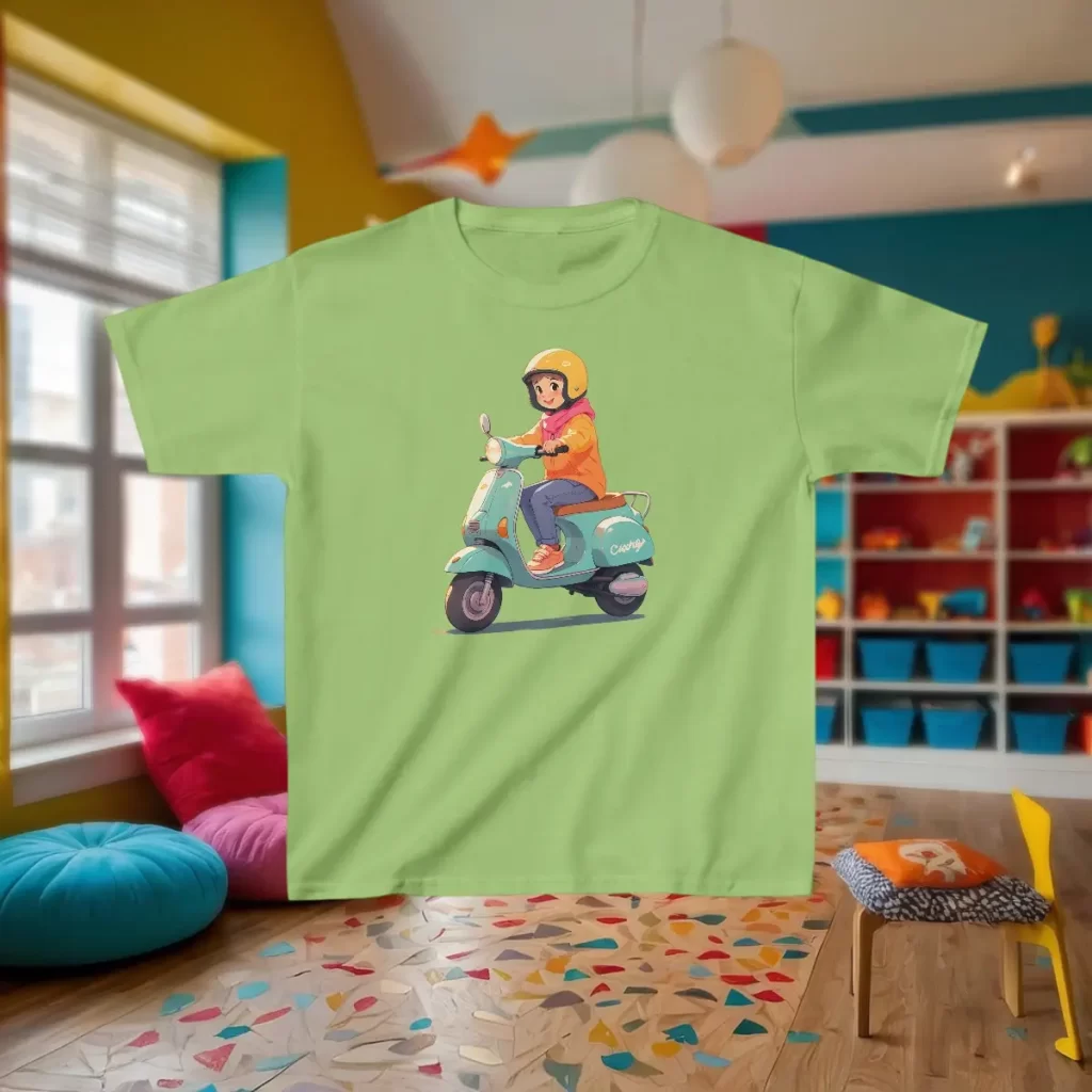 Kids heavy cotton tee with a scooter design featuring a young rider, displayed in a vibrant children's room.