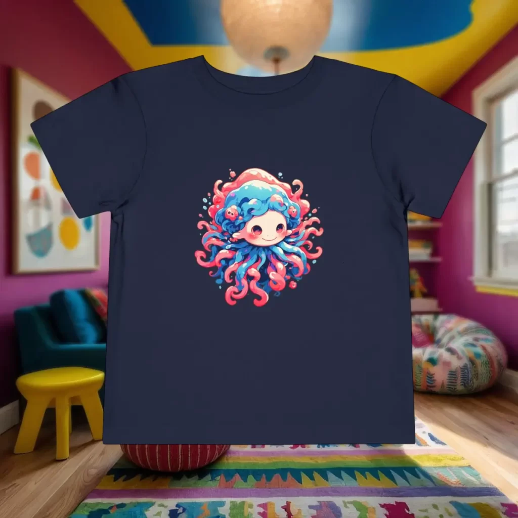 Toddler short sleeve tee with a cute anemone design displayed in a colorful and playful children's room.