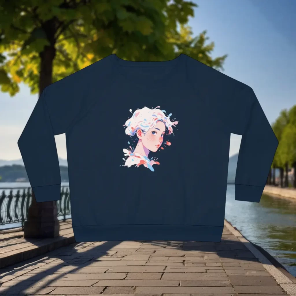 Women's relaxed-fit sweatshirt with a vibrant artistic illustration of a woman's face with colorful hair, displayed outdoors near a riverside walkway with trees.