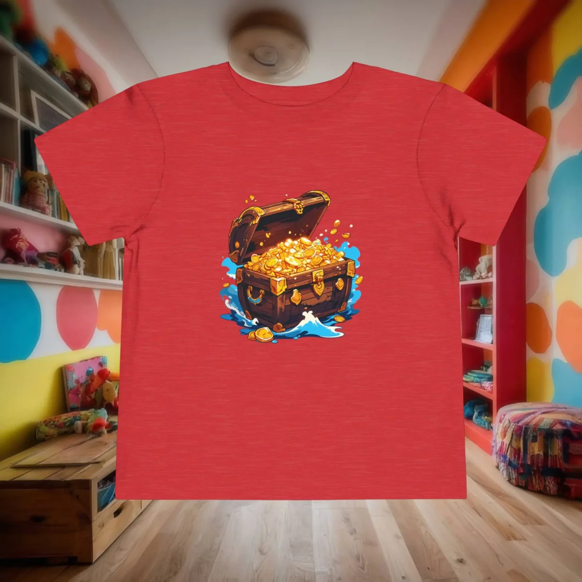 Red toddler t-shirt with a vibrant pirate treasure chest illustration filled with gold coins.