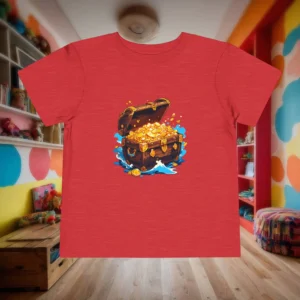 Red toddler t-shirt with a vibrant pirate treasure chest illustration filled with gold coins.