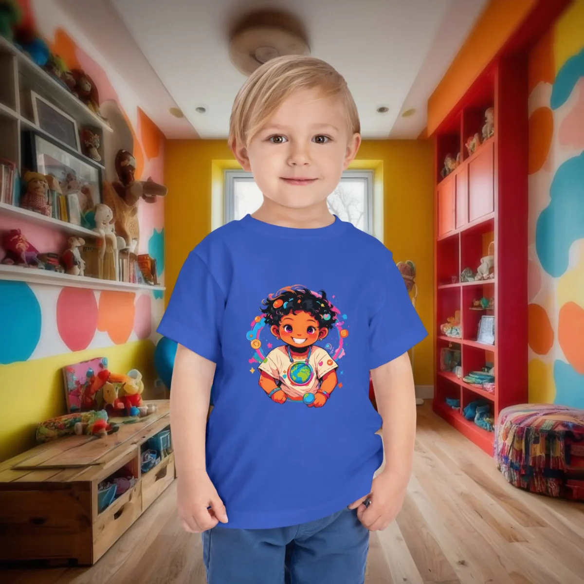 Toddler in blue t-shirt with space-themed cartoon of a child holding Earth
