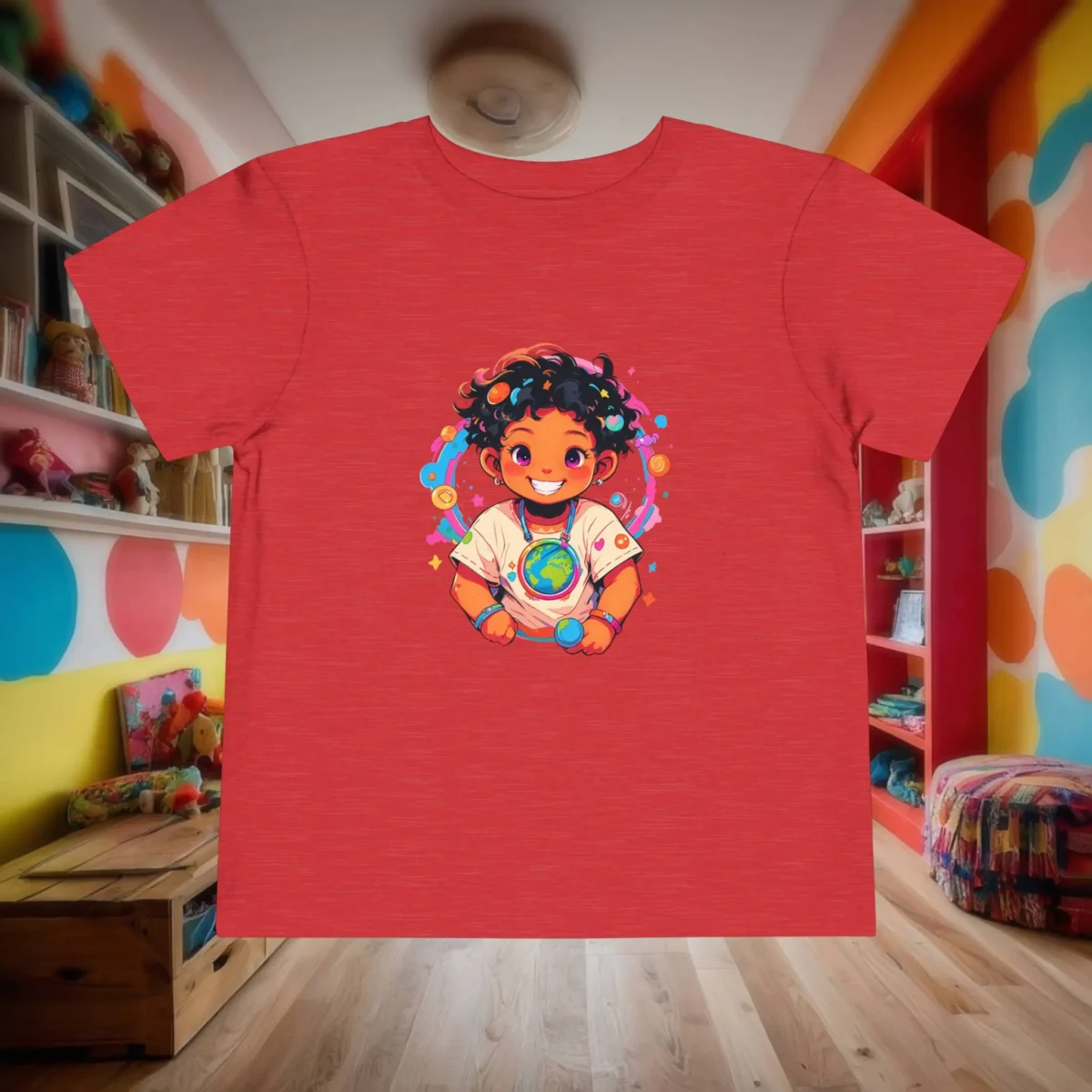 Red toddler t-shirt with a cartoon child holding a planet Earth surrounded by colorful space elements.