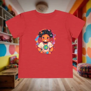 Red toddler t-shirt with a cartoon child holding a planet Earth surrounded by colorful space elements.