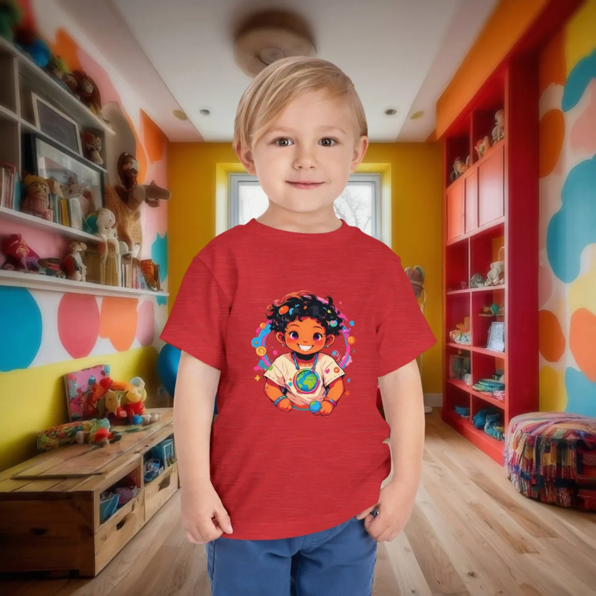 Child wearing a red t-shirt with cartoon Earth and space-themed design