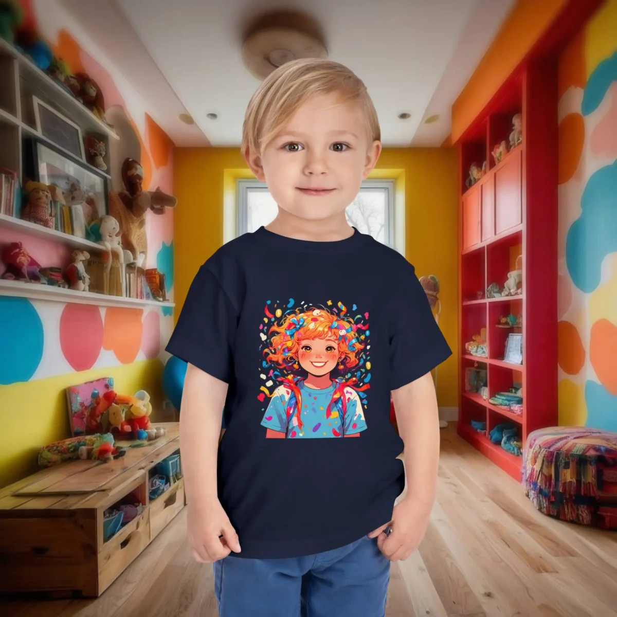Toddler wearing a navy t-shirt with a happy cartoon girl and confetti design