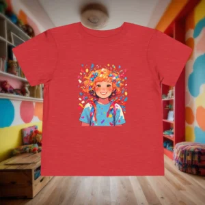 Red toddler t-shirt with a colorful cartoon girl surrounded by confetti