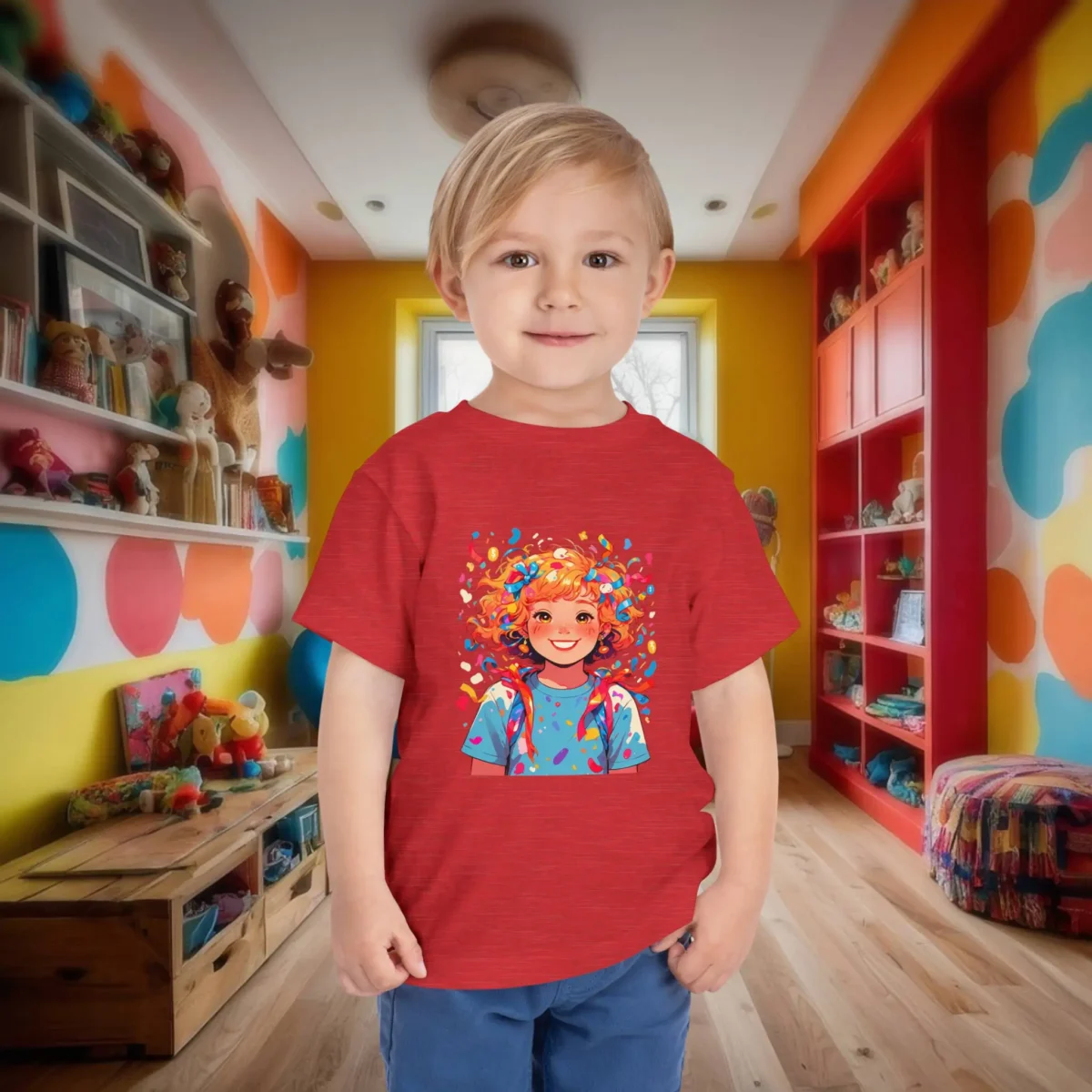 Child in red t-shirt with a smiling girl and colorful confetti illustration