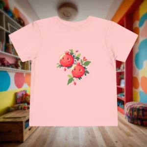 Flat-lay pink toddler t-shirt with two cartoon pomegranates and green leaves