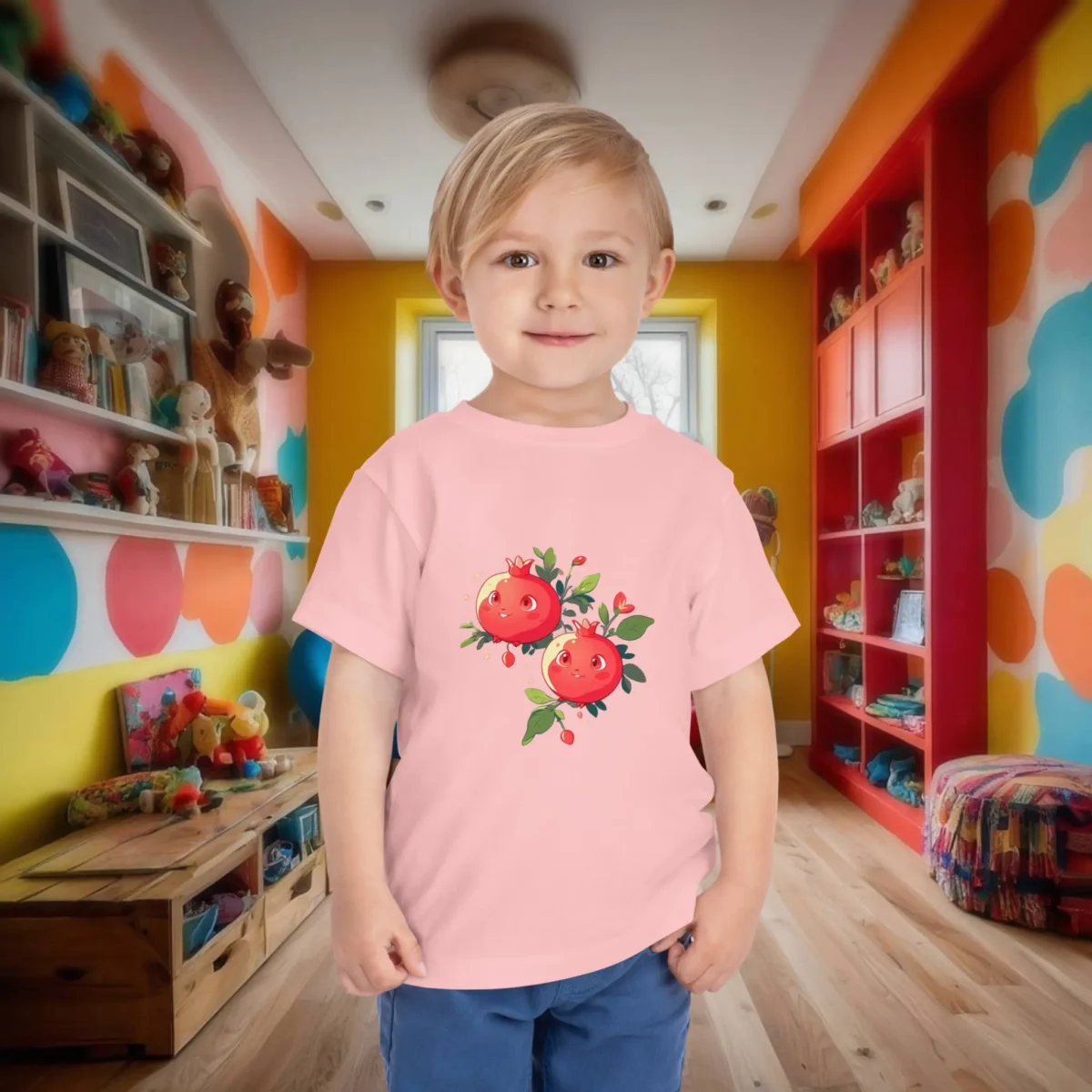 Toddler wearing a pink t-shirt with cute cartoon pomegranates and leaves