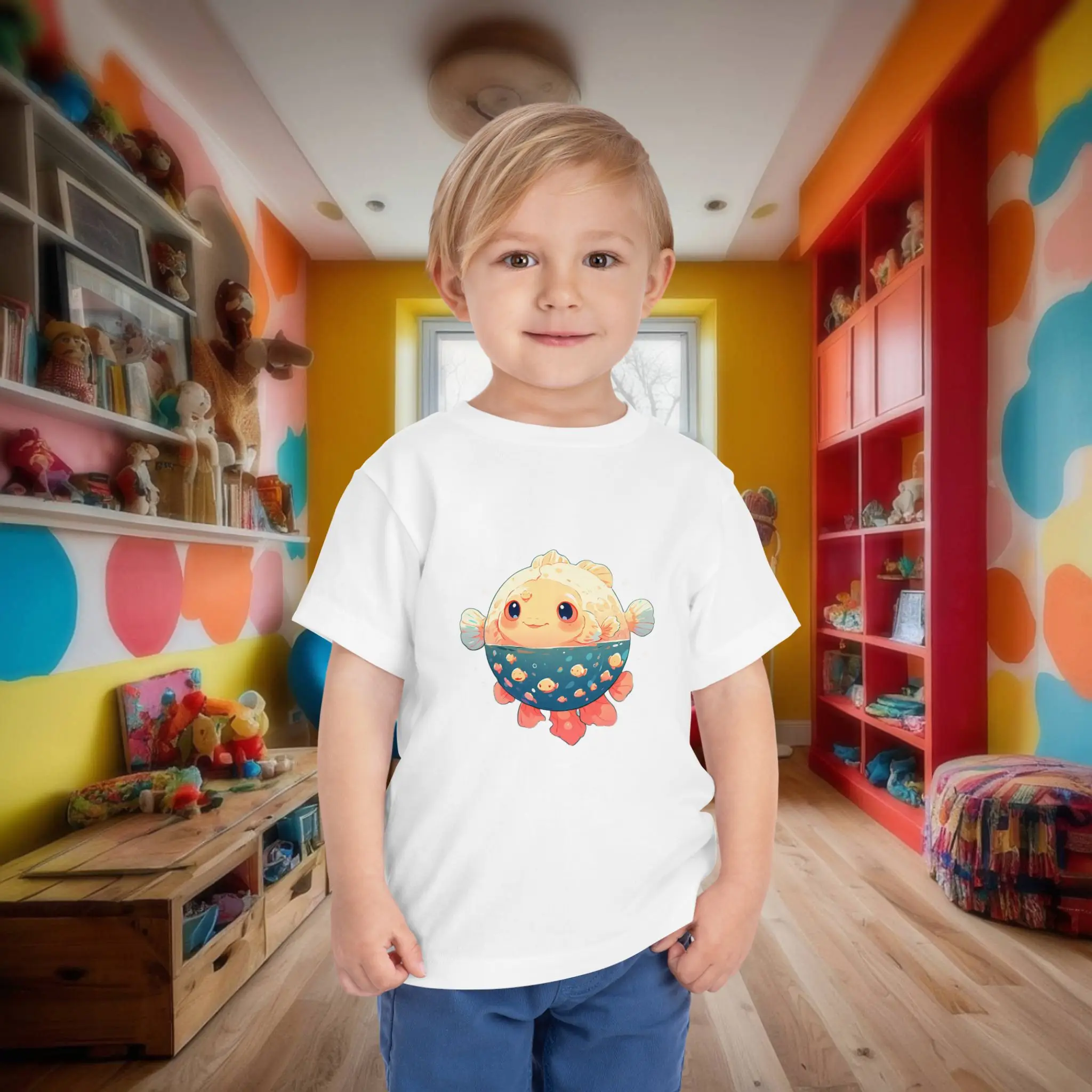 White toddler tee with fun ocean-themed pufferfish illustration Toddler in white t-shirt with a colorful cartoon pufferfish design