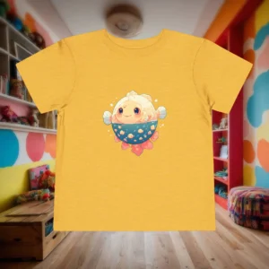 Flat-lay yellow toddler t-shirt with a cute cartoon pufferfish wearing a patterned bowl