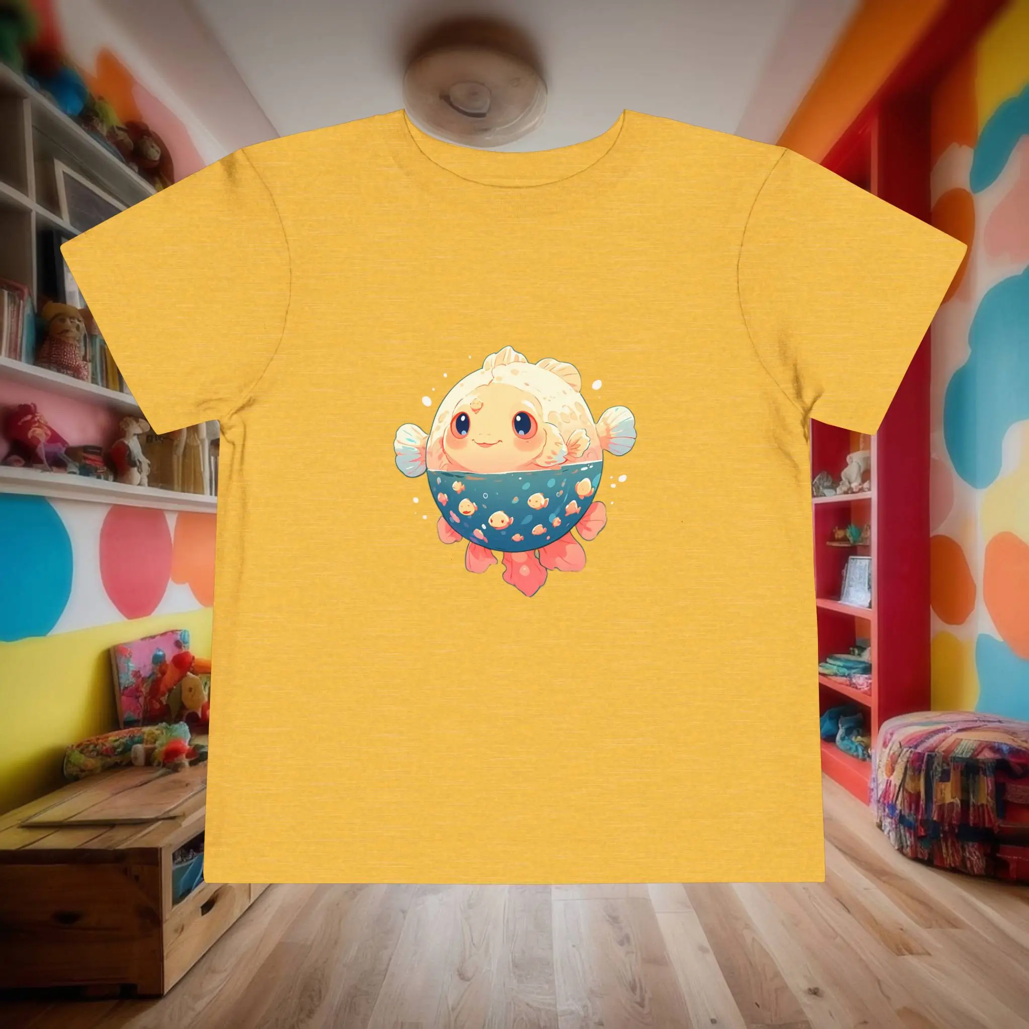 Yellow toddler t-shirt with adorable pufferfish illustration Flat-lay yellow toddler t-shirt with a cute cartoon pufferfish wearing a patterned bowl