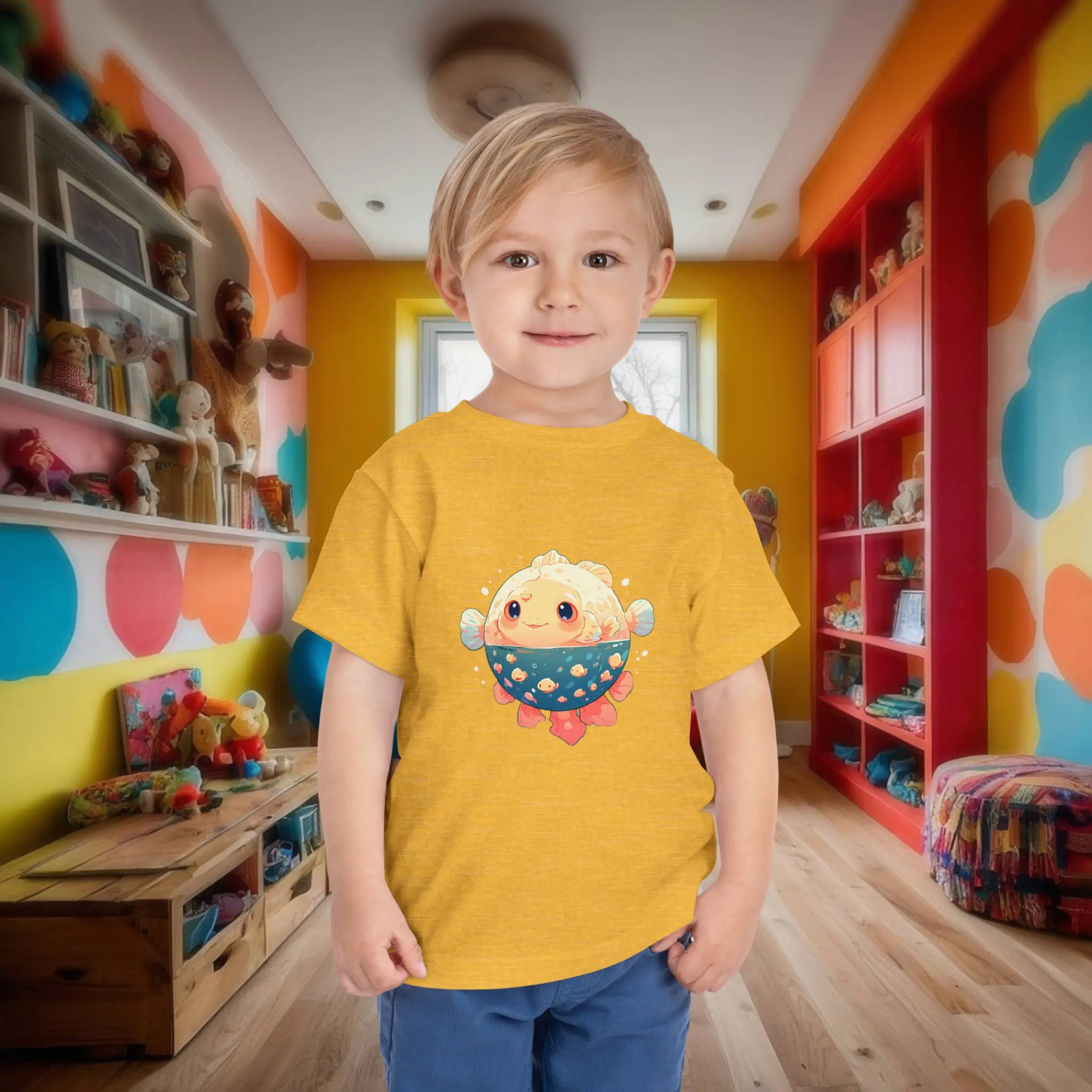 Yellow toddler t-shirt with cheerful cartoon pufferfish Toddler wearing yellow t-shirt with illustrated pufferfish in a decorative bowl