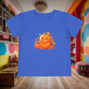 Flat-lay blue toddler t-shirt with cute Halloween-style pumpkin illustration and falling autumn leaves