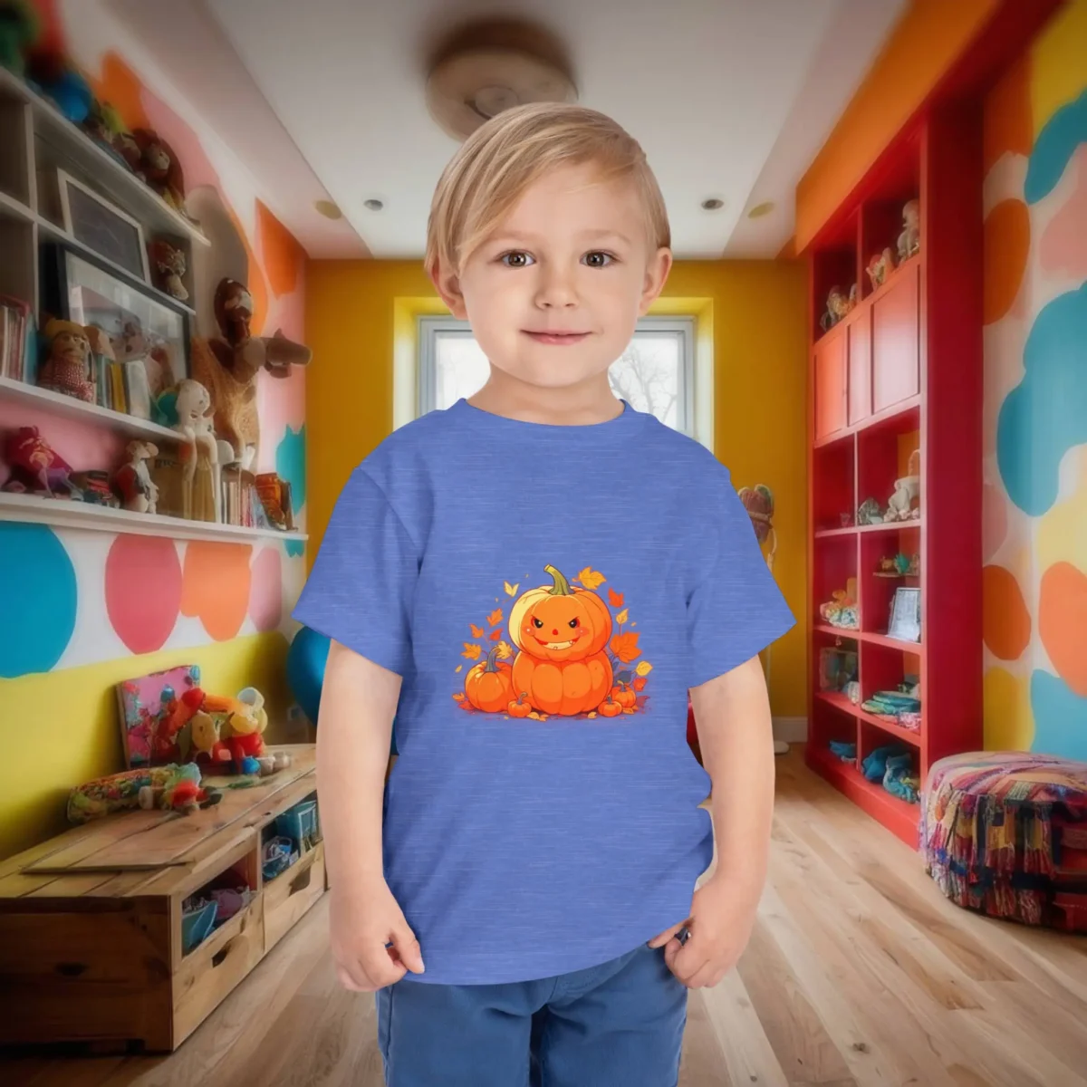 Toddler in heather blue t-shirt with cartoon pumpkin and falling leaves graphic