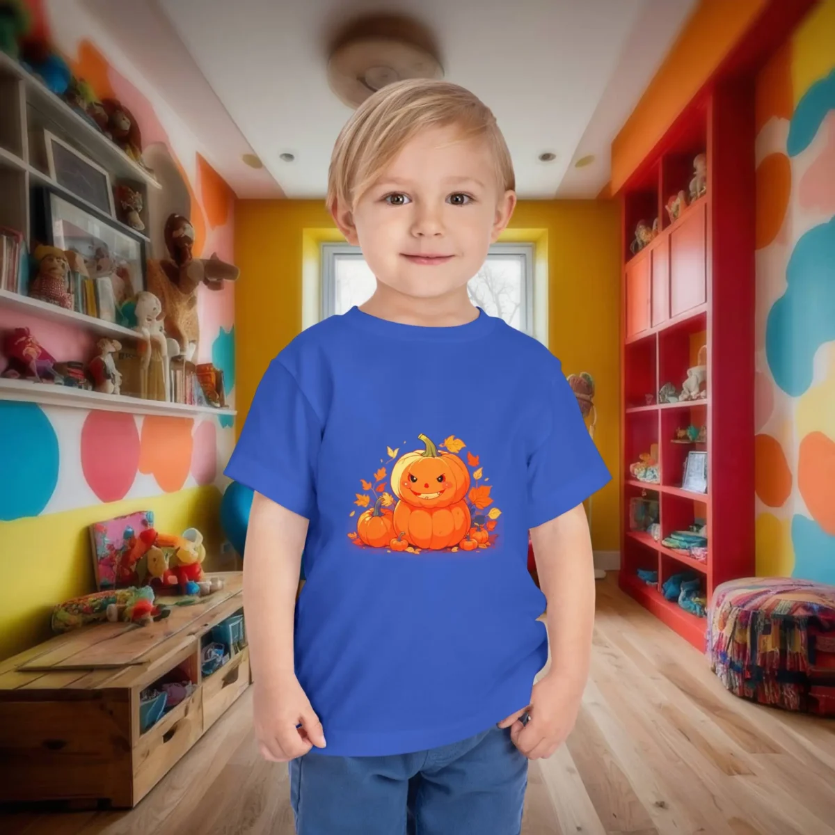 Toddler in royal blue t-shirt with festive pumpkin illustration and autumn decor