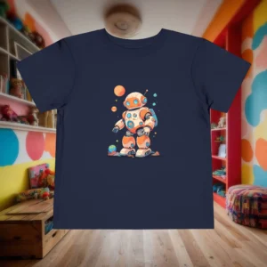 Flat-lay navy blue toddler t-shirt with cartoon robot and planets design
