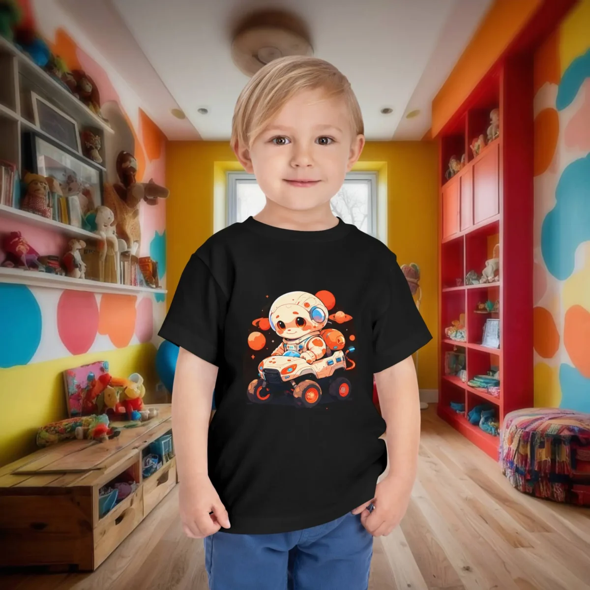 Toddler in black t-shirt featuring a cartoon astronaut driving a space rover