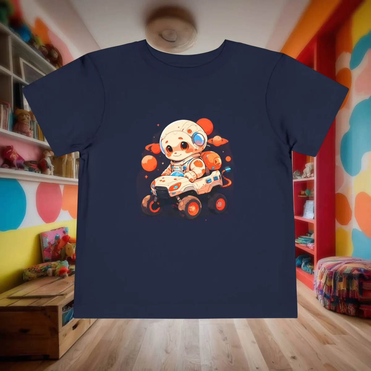 Flat-lay navy toddler t-shirt with cartoon astronaut in rover surrounded by planets