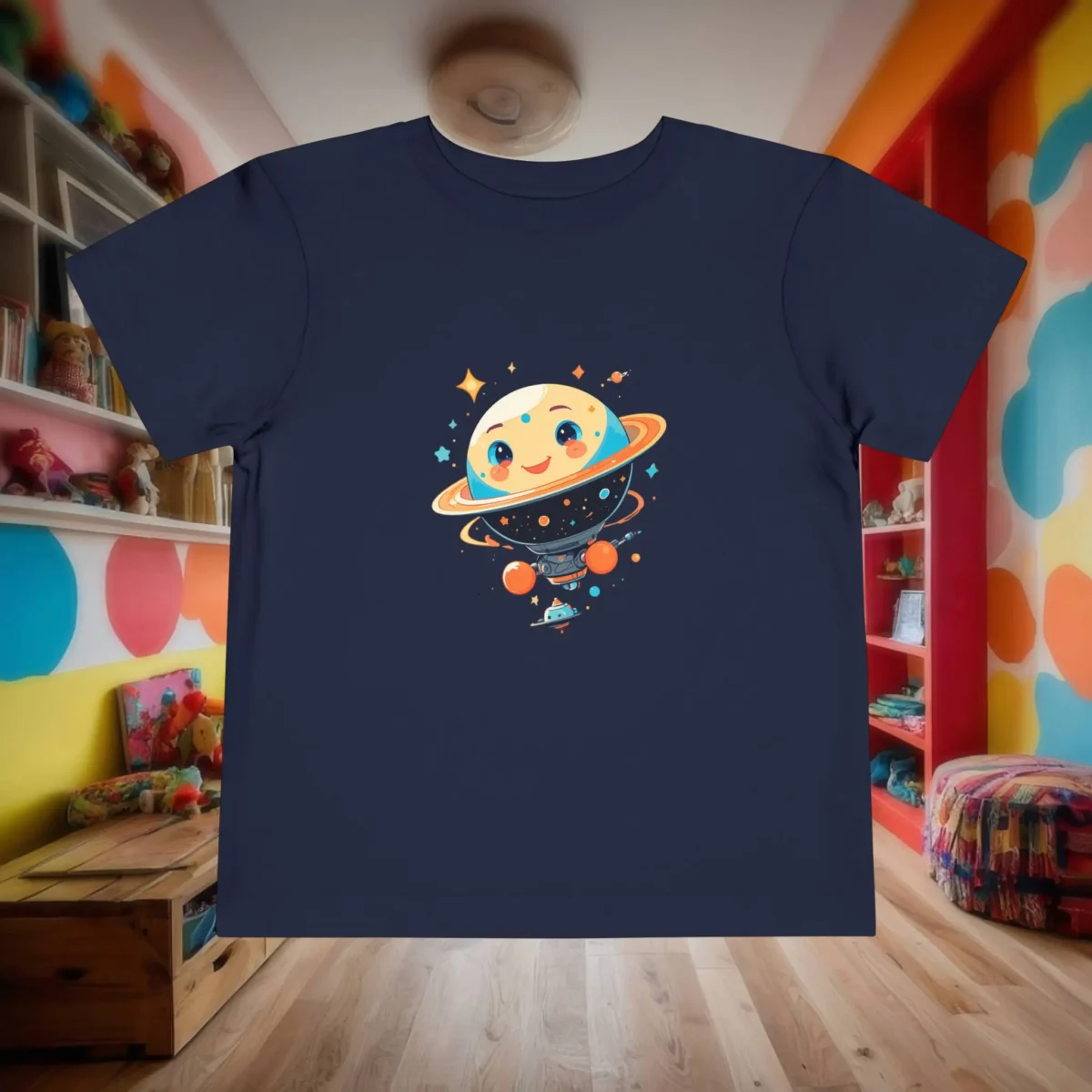 Flat-lay navy blue toddler t-shirt with smiling planet, stars, and satellites graphic
