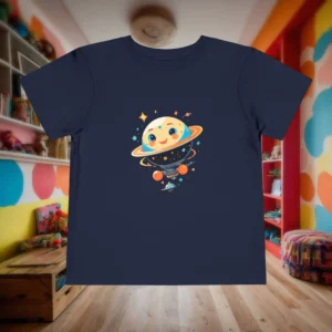 Flat-lay navy blue toddler t-shirt with smiling planet, stars, and satellites graphic