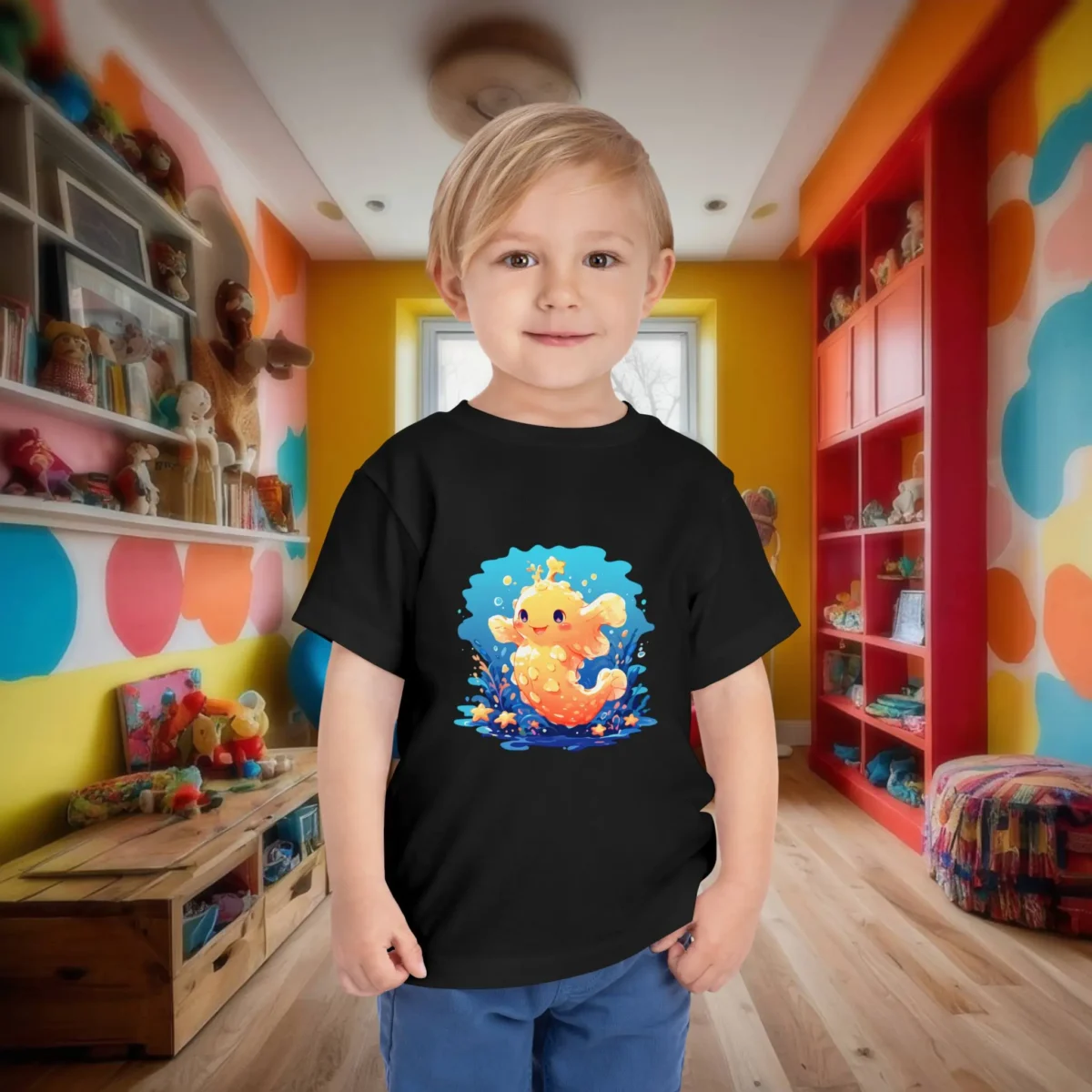 Toddler wearing a black t-shirt with a cute orange sea cucumber cartoon design, standing in a colorful children’s room.