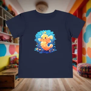 Flat lay of a navy toddler t-shirt with a colorful sea cucumber design in an underwater theme, placed in a playful kids’ room.