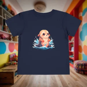Flat lay of a navy toddler t-shirt with an adorable cartoon sea lion design splashing in water, placed in a colorful kids’ room.