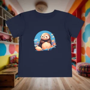 Flat lay of a navy toddler t-shirt featuring a cute sea otter holding a shell in an ocean scene.